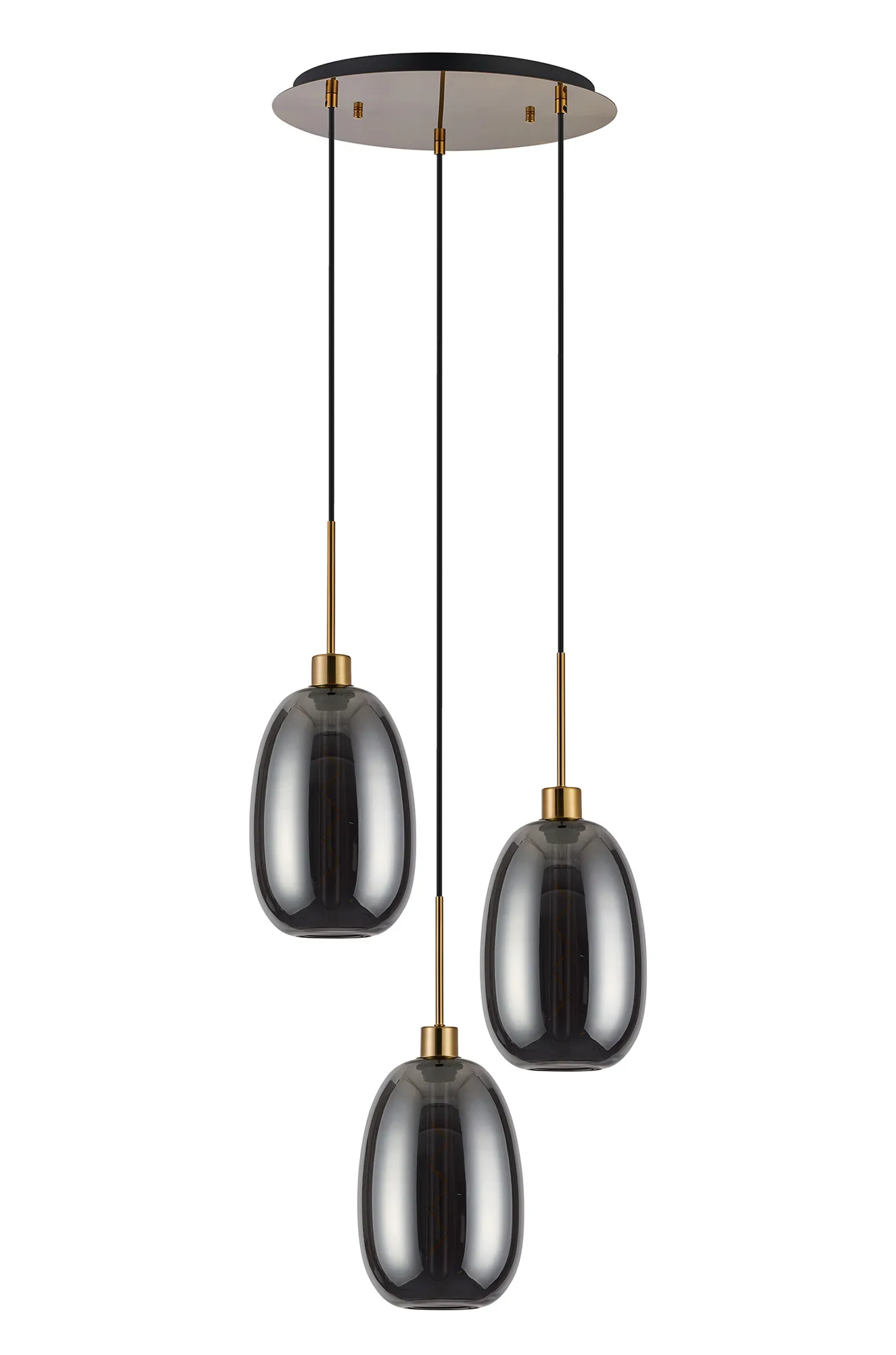 Lori 40cm Round Pendant, 3 Light Adjustable E27, Antique Gold/Smoke Slim Curved Trapezium Shades DK1185  Deco Lori Antique Gold
